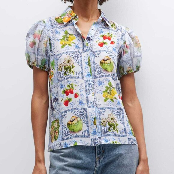 Alice + Olivia Willa Puff Sleeve Shirt Blouse Silk Fruit Market Floral Grid XS